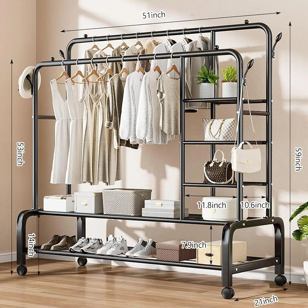 Multipurpose Heavy-Duty Double-Rail Garment Rack – Shelves, Side Hooks & Rolling Wheels