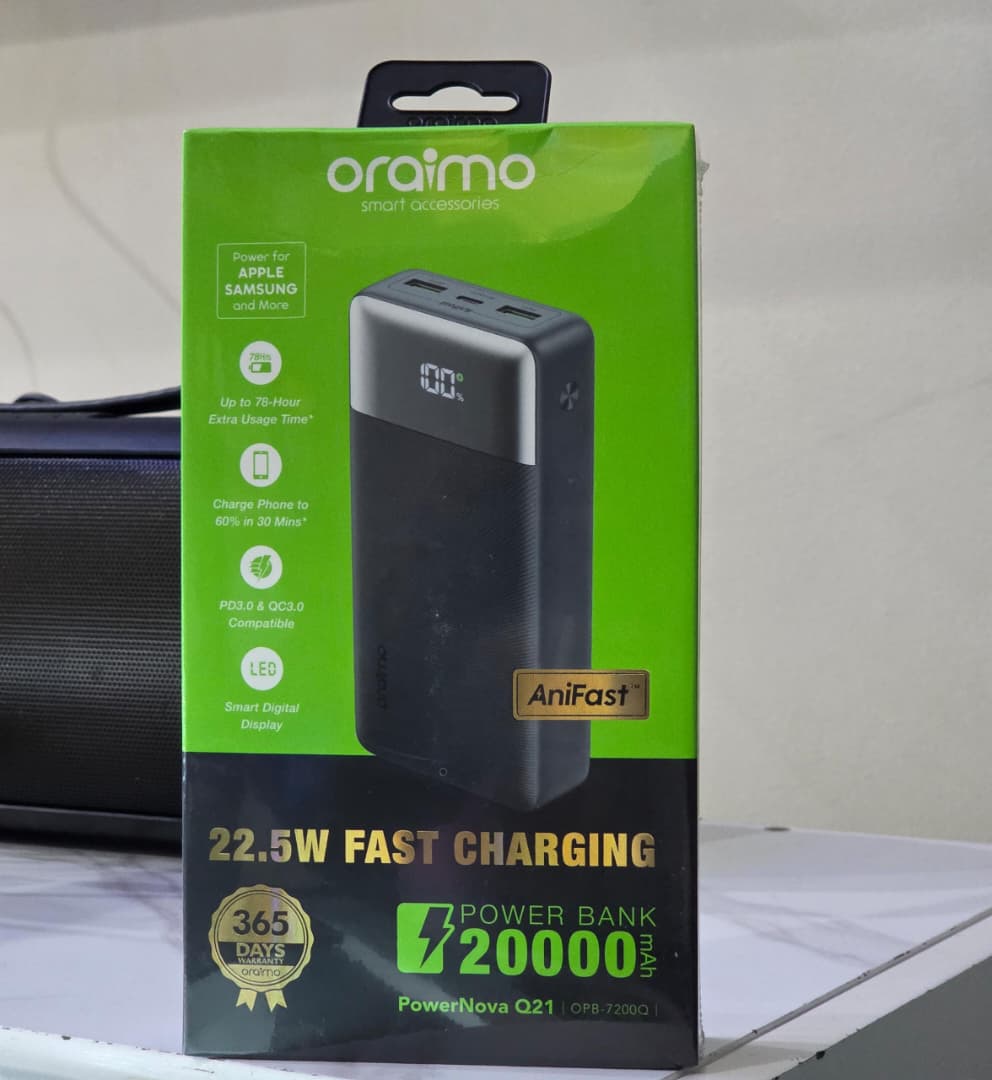 Oraimo PowerNova Q21 20000mAh Power Bank – 22.5W Fast Charging, 3-Device Charging & Digital Display