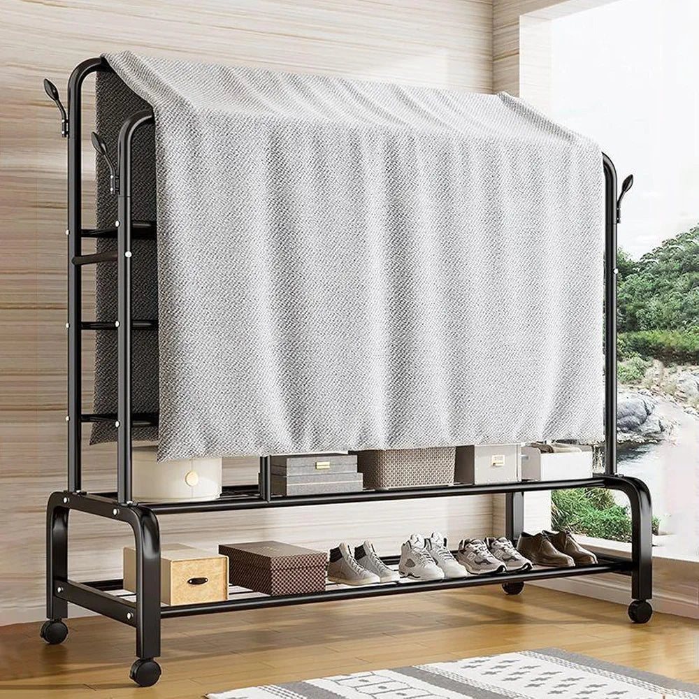Multipurpose Heavy-Duty Double-Rail Garment Rack – Shelves, Side Hooks & Rolling Wheels