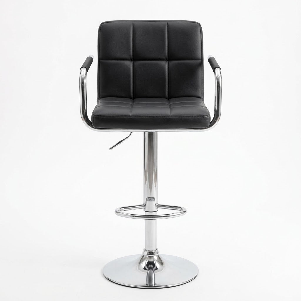 Black Adjustable Faux-Leather Bar Stool – 360° Swivel, Chrome Armrests & Integrated Footrest