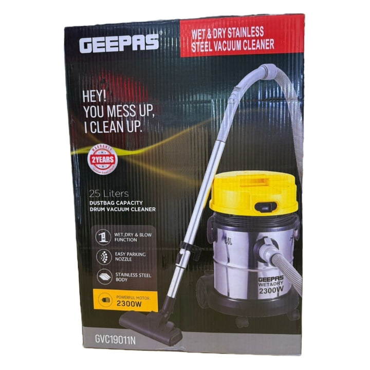 Geepas GVC19011N 25L Wet & Dry Vacuum Cleaner – 2300W, Stainless Steel Drum & Blow Function