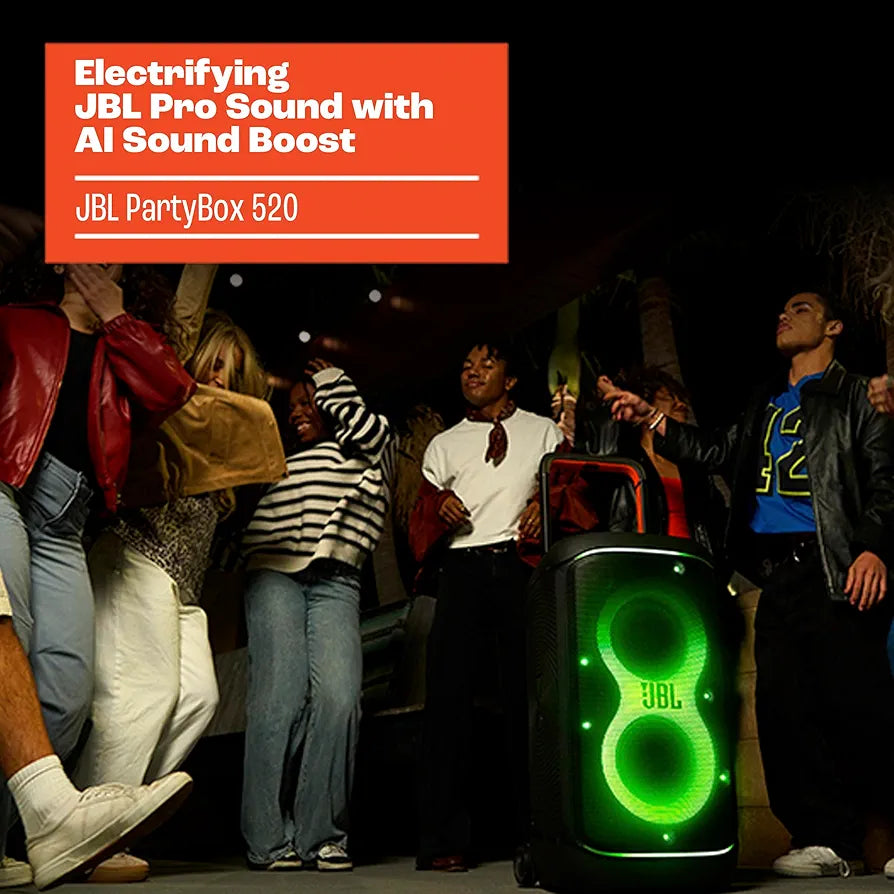 JBL PartyBox 520 400W Portable Party Speaker – AI Sound Boost, 15 Hours & Futuristic Lightshow