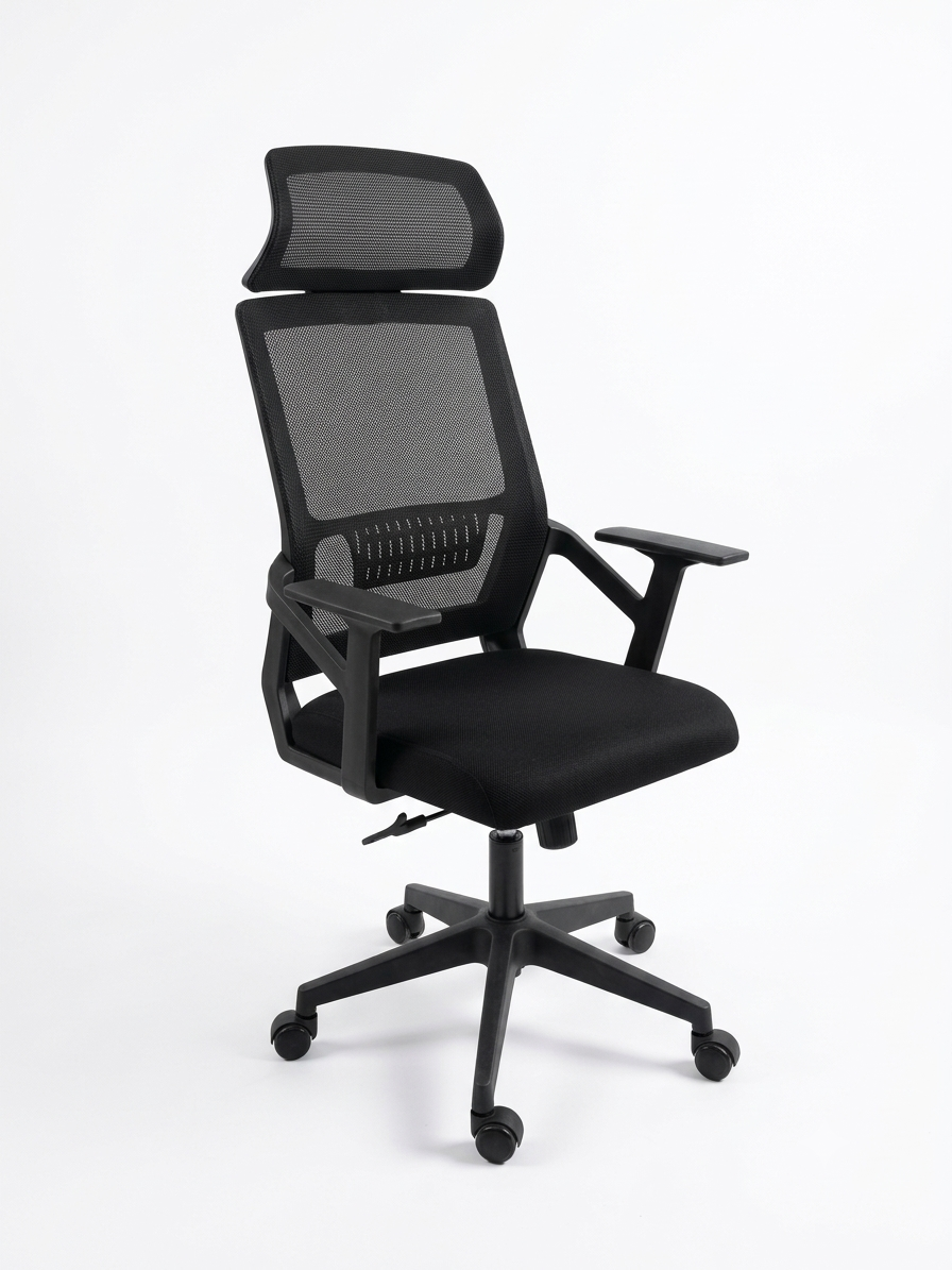 High Back Mesh Office Swivel Chair – Adjustable Headrest, Cushioned Fabric Seat & Nylon Base