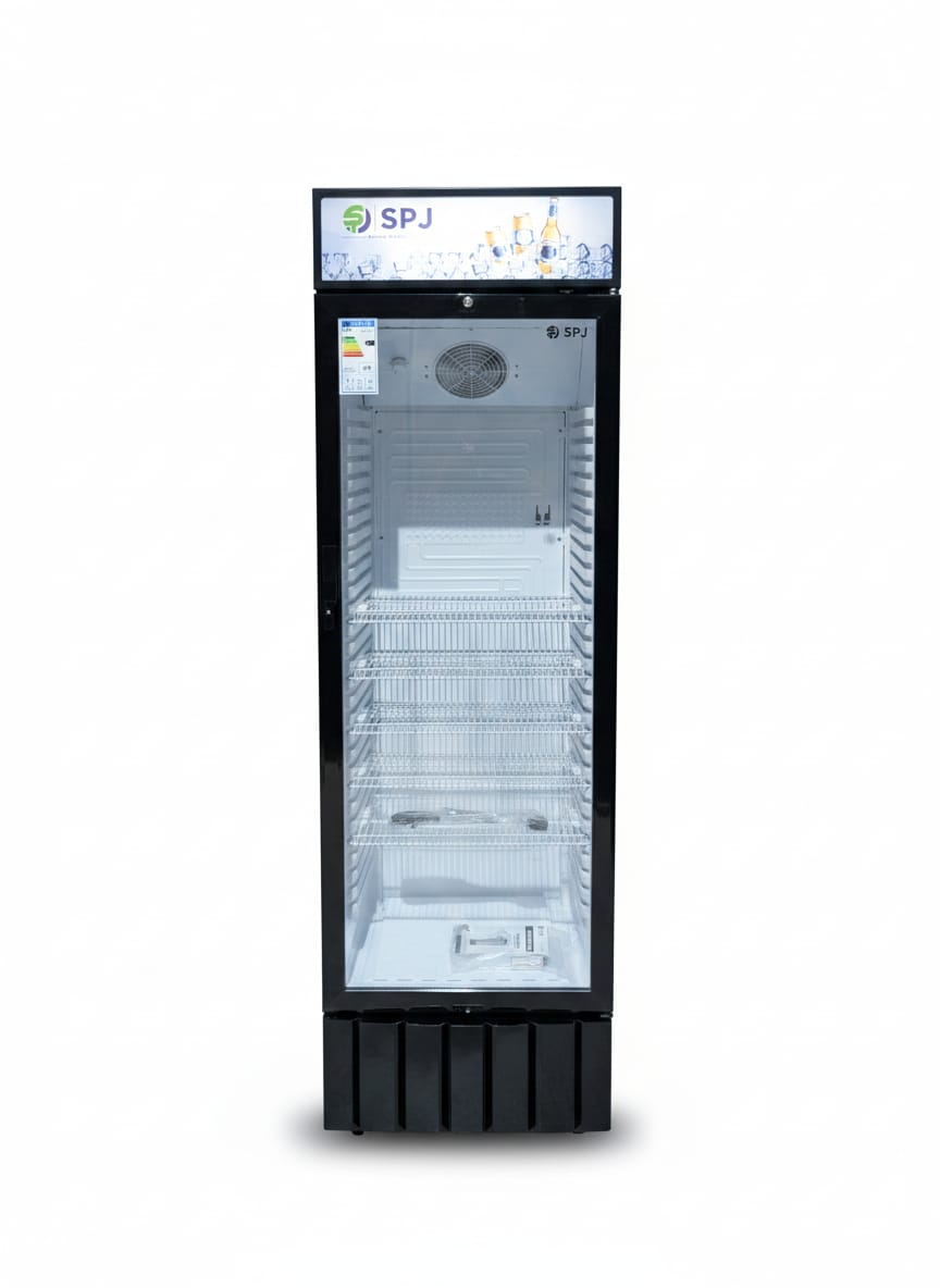 SPJ 450L Single-Door Glass Display Chiller – Commercial Beverage Cooler with LED Lighting