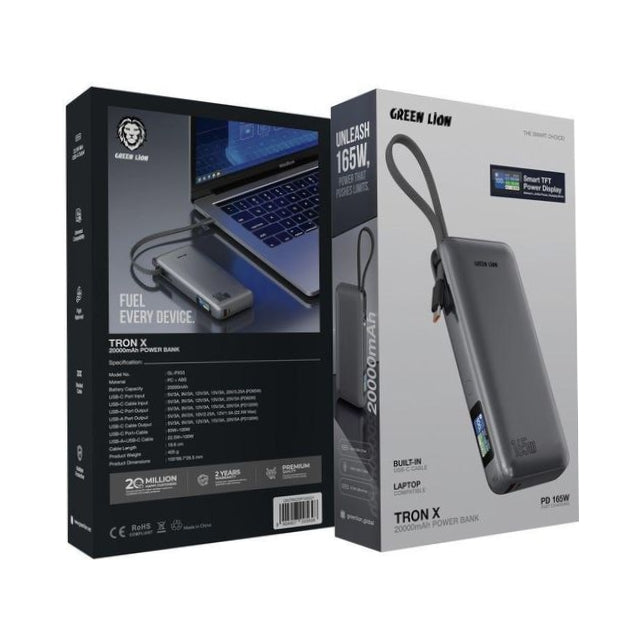 Green Lion Tron X 20000mAh 165W Power Bank – Built-In USB-C Cable, Laptop Charging & Smart TFT Display