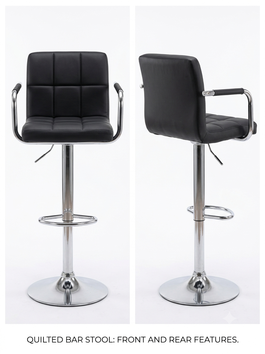 Black Adjustable Faux-Leather Bar Stool – 360° Swivel, Chrome Armrests & Integrated Footrest