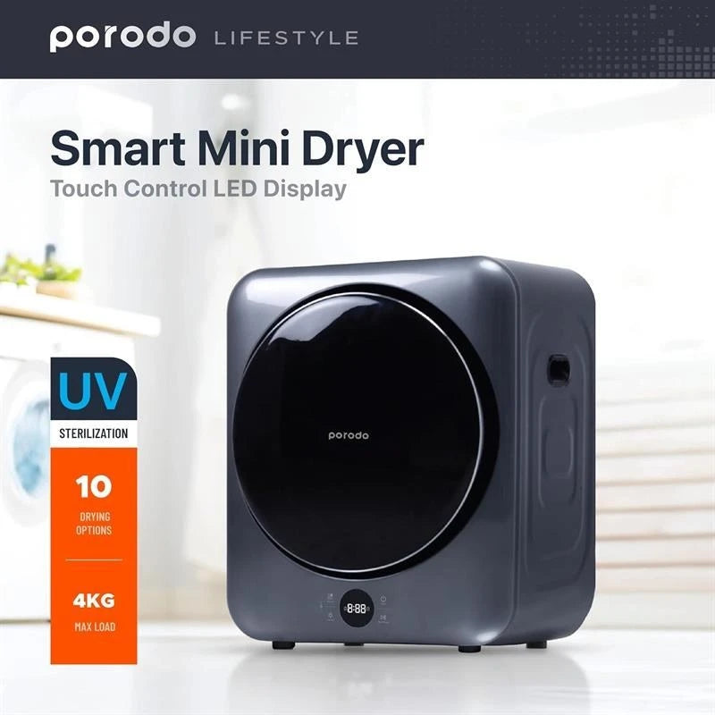 Porodo Lifestyle 4kg Smart Mini Dryer – 1150W, UV Sterilization, Touch LED Display & 10 Drying Options