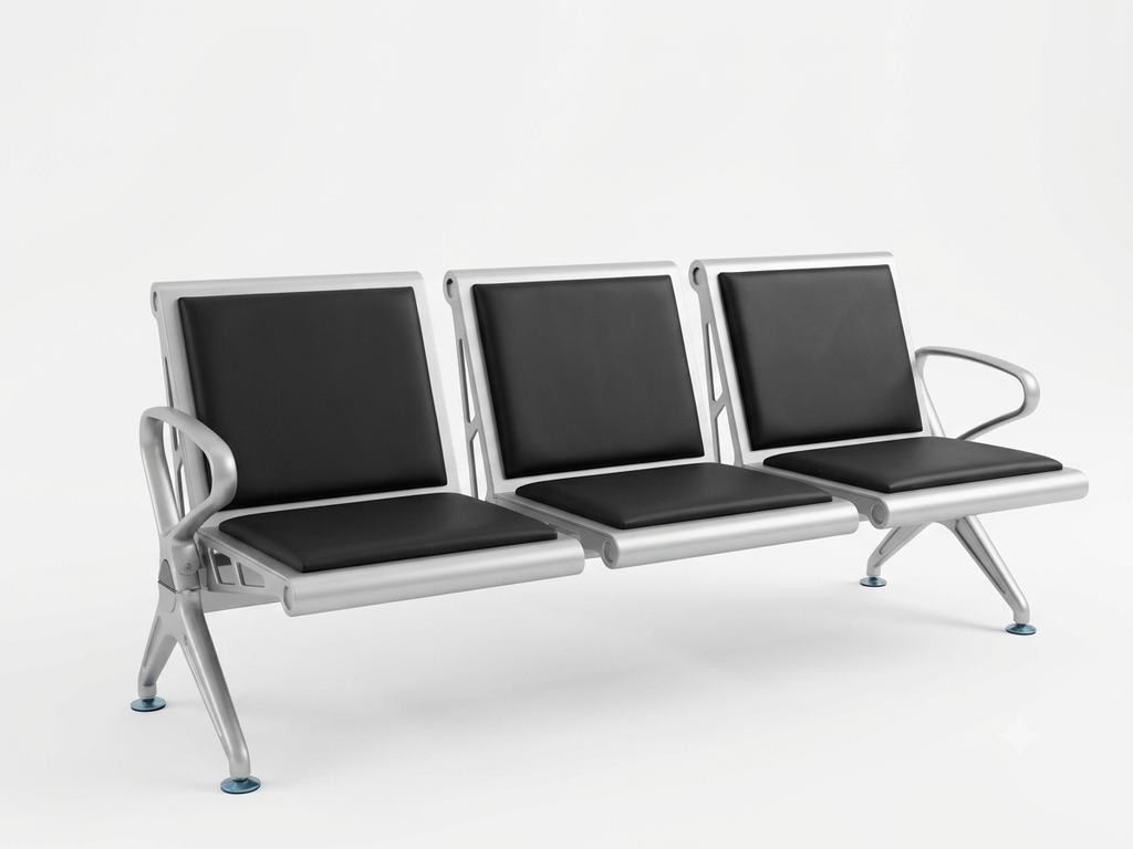 Modern 3-Seater Public Waiting Bench – Black Cushioned Seats & Silver Metal Frame