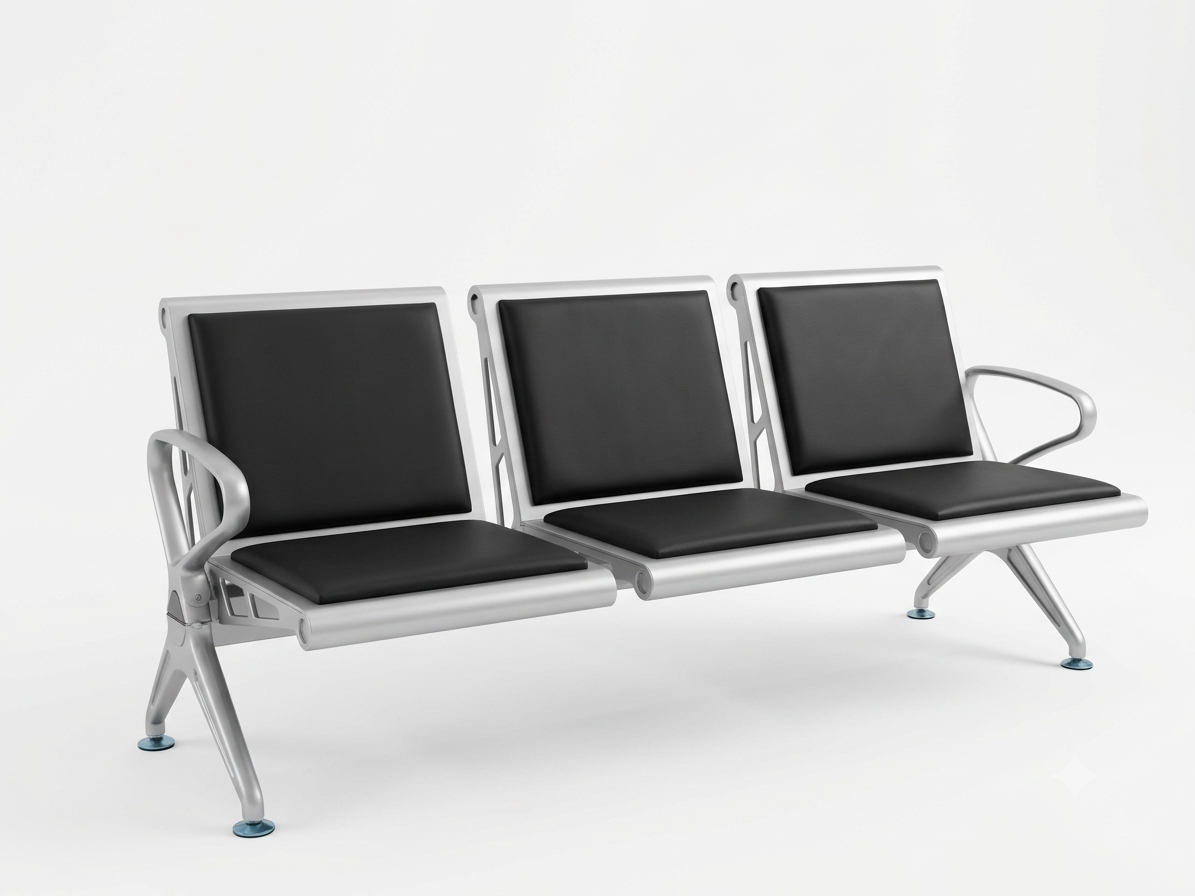 Modern 3-Seater Public Waiting Bench – Black Cushioned Seats & Silver Metal Frame