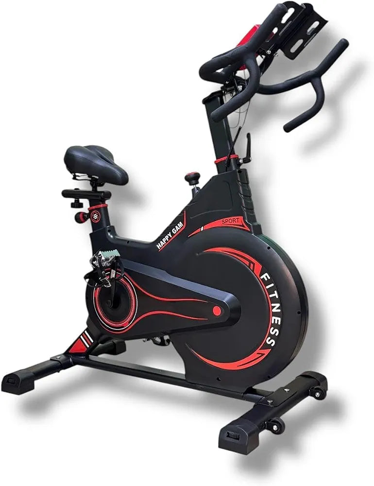 Happy Gym Indoor Spinning Exercise Bike – Black & Red Adjustable Stationary Fitness Bike with LCD Display