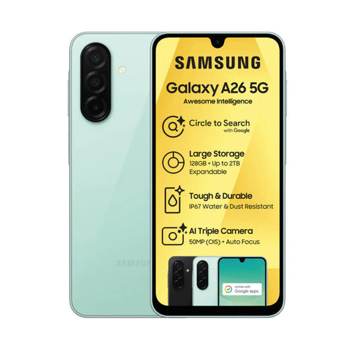 Samsung Galaxy A26 5G 6GB RAM 128GB White smartphone with Super AMOLED display and 50MP camera