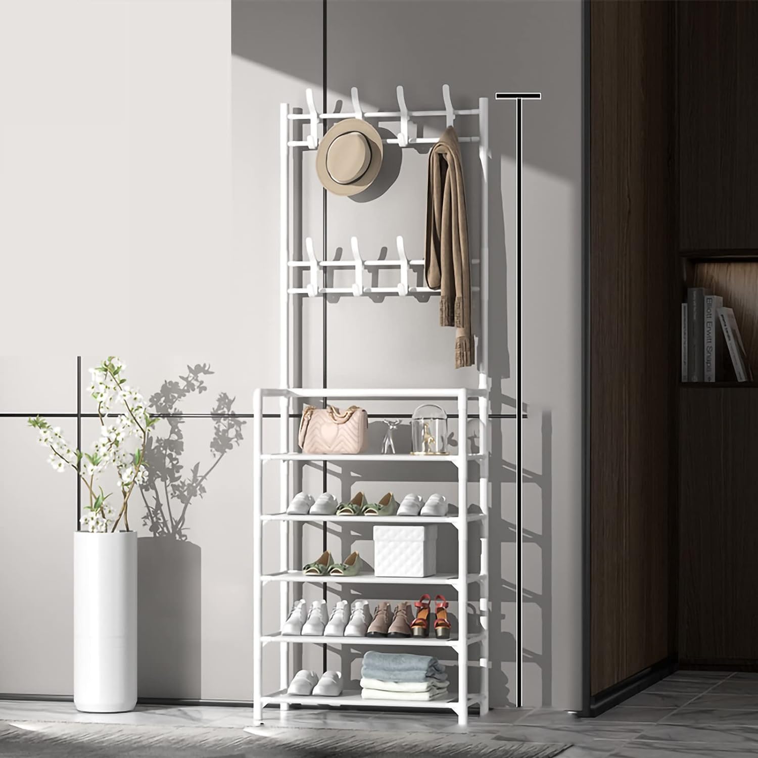 Multi-Tier Shoe Rack & Modern Standing Garment Rack – 5-Shelf Coat Organizer with Bottom Storage (Stainless Steel, 60 x 26 x 172 cm) - LIFE STORES UGANDA