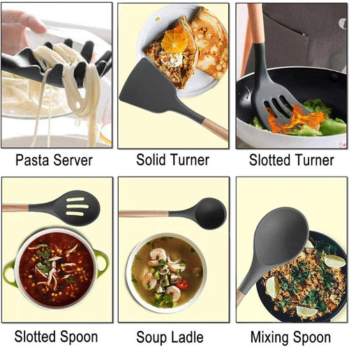 12 Piece Silicone Kitchen Set with Wooden Handles, Heat Resistant & Non-Scratch Tools - LIFE STORES UGANDA