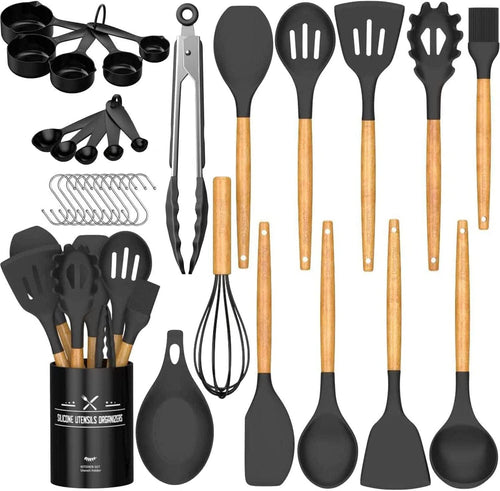 12 Piece Silicone Kitchen Set with Wooden Handles, Heat Resistant & Non-Scratch Tools - LIFE STORES UGANDA