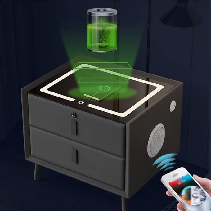Smart Bedside Table with Wireless Charging, Fingerprint Lock, Bluetooth Speaker & LED Lights