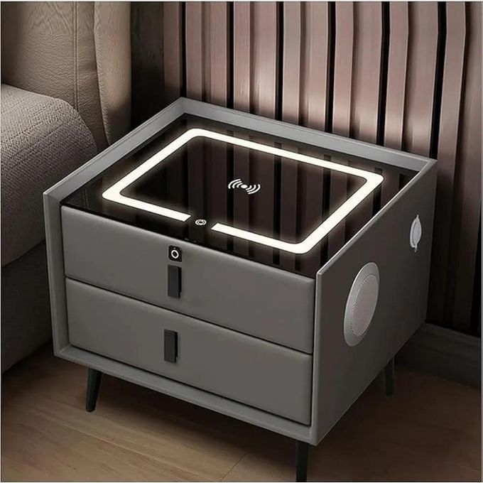 Smart Bedside Table with Wireless Charging, Fingerprint Lock, Bluetooth Speaker & LED Lights