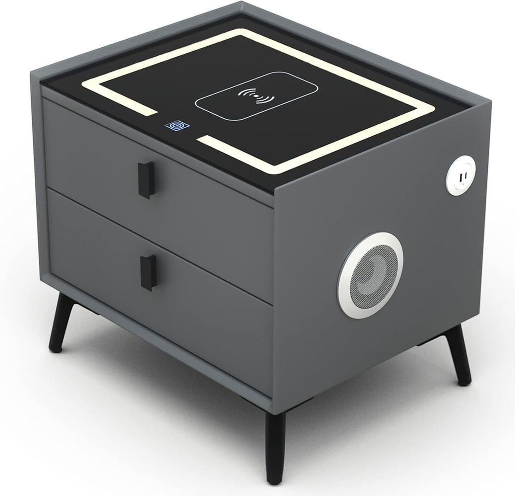 Smart Bedside Table with Wireless Charging, Fingerprint Lock, Bluetooth Speaker & LED Lights