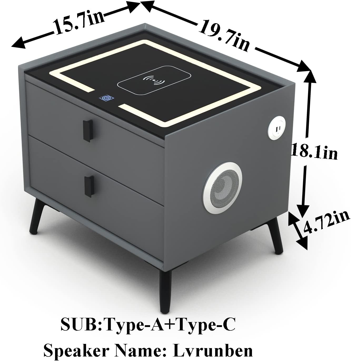 Smart Bedside Table with Wireless Charging, Fingerprint Lock, Bluetooth Speaker & LED Lights