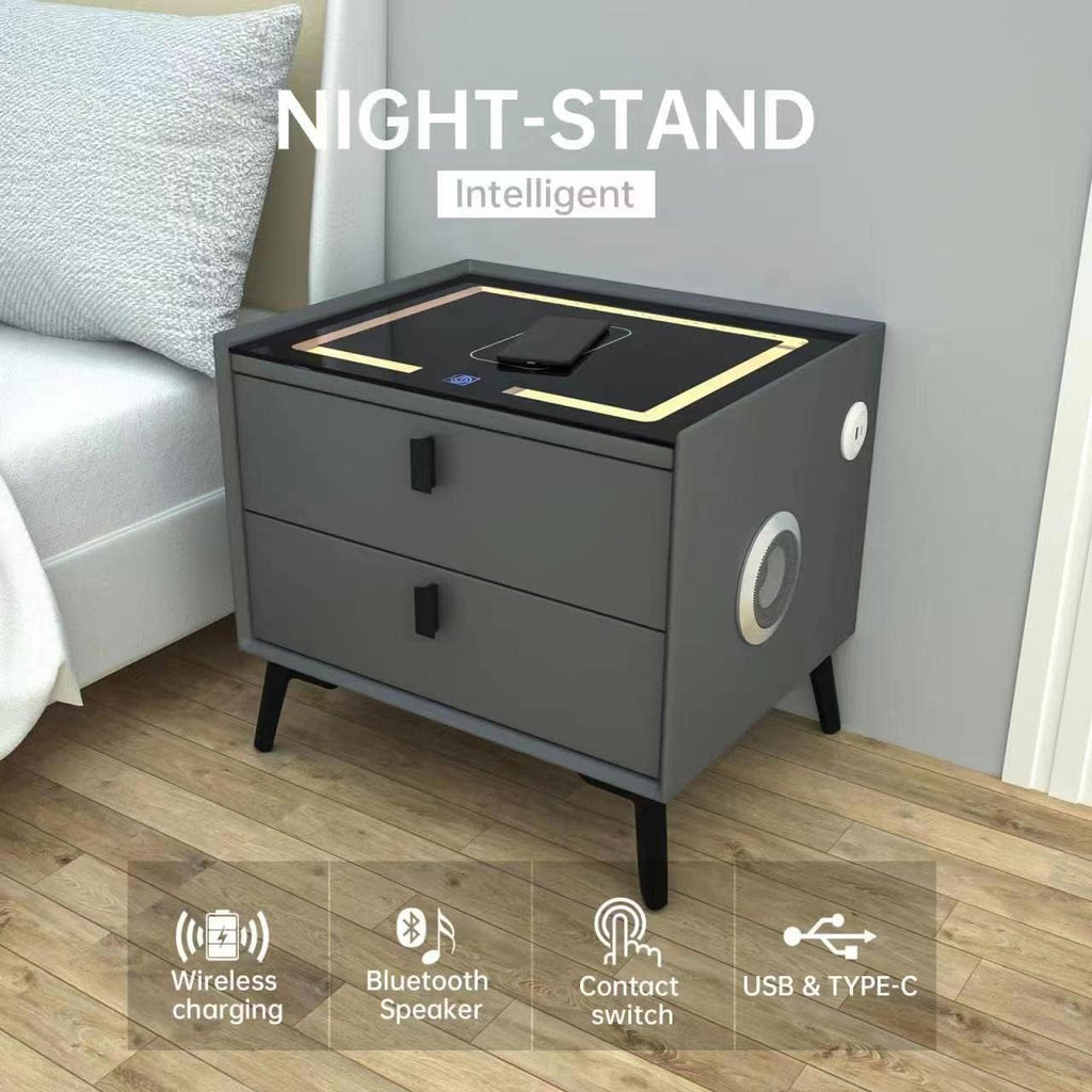 Smart Bedside Table with Wireless Charging, Fingerprint Lock, Bluetooth Speaker & LED Lights