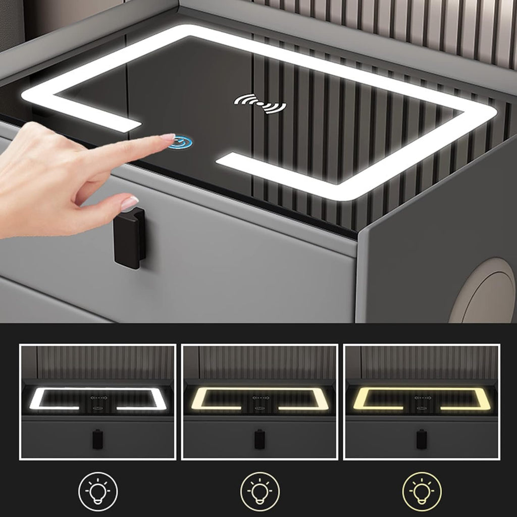 Smart Bedside Table with Wireless Charging, Fingerprint Lock, Bluetooth Speaker & LED Lights