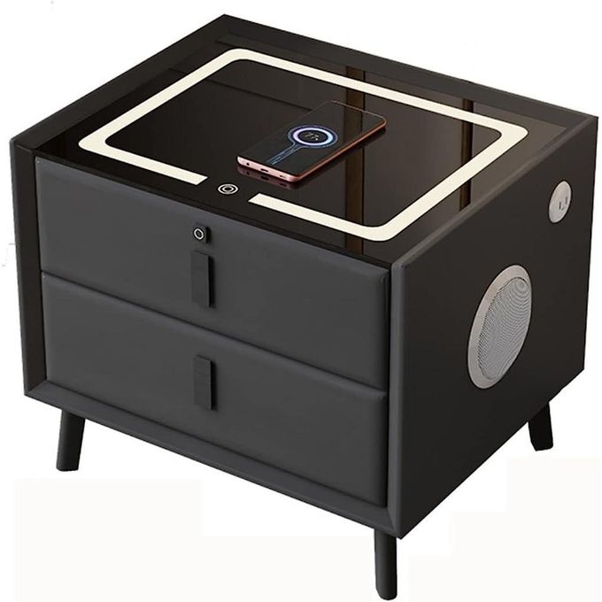 Smart Bedside Table with Wireless Charging, Fingerprint Lock, Bluetooth Speaker & LED Lights