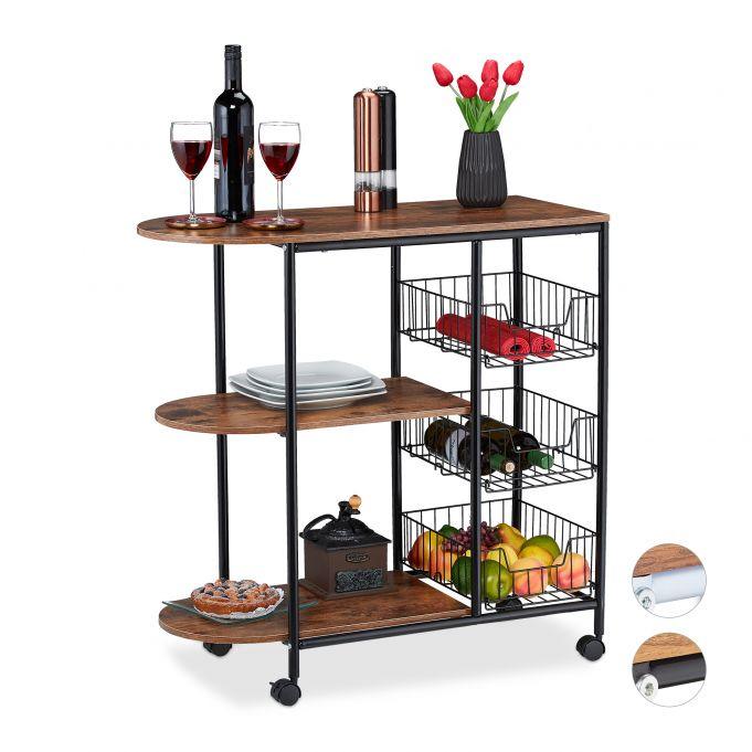 Standing Kitchen Shelf with Metal Basket – 4-Wheel Kitchen Trolley Serving Cart with 3 Shelves - LIFE STORES UGANDA