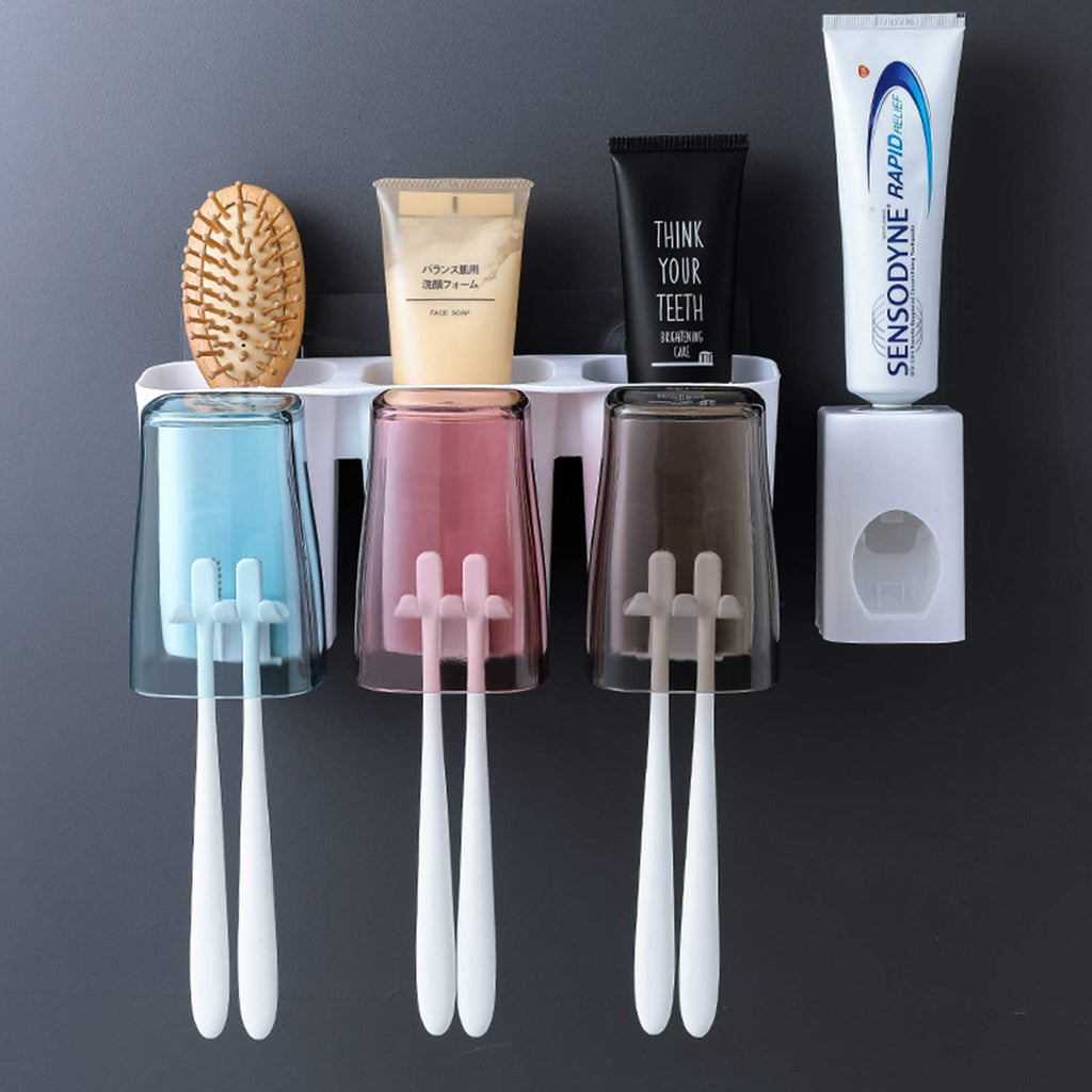 Multifunctional Wall Mounted Toothbrush Holder with 3 Cups & Toothpaste Dispenser – Space-Saving Bathroom Organizer (Candy Color) - LIFE STORES UGANDA