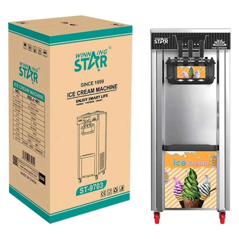 Winning Star Commercial Ice Cream Machine ST-9703 – 3 Flavor Soft Serve Ice Cream Maker, 20–28L/H Output, Stainless Steel