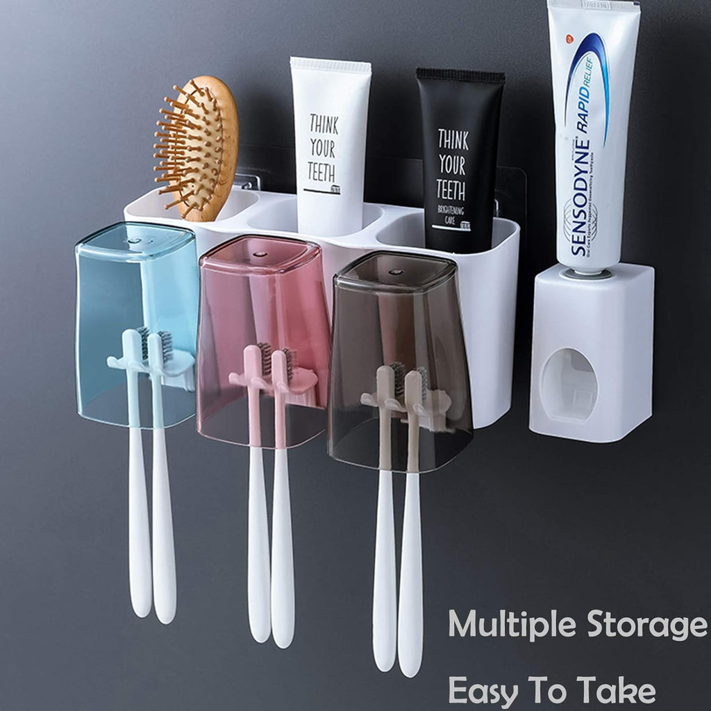 Multifunctional Wall Mounted Toothbrush Holder with 3 Cups & Toothpaste Dispenser – Space-Saving Bathroom Organizer (Candy Color) - LIFE STORES UGANDA