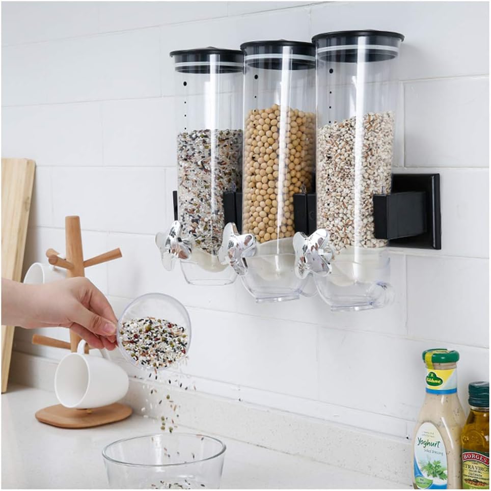 Triple Canister Cereal Dispenser – Wall Mounted Dry Food Dispenser (Silver & Black, 3-Pack) - LIFE STORES UGANDA